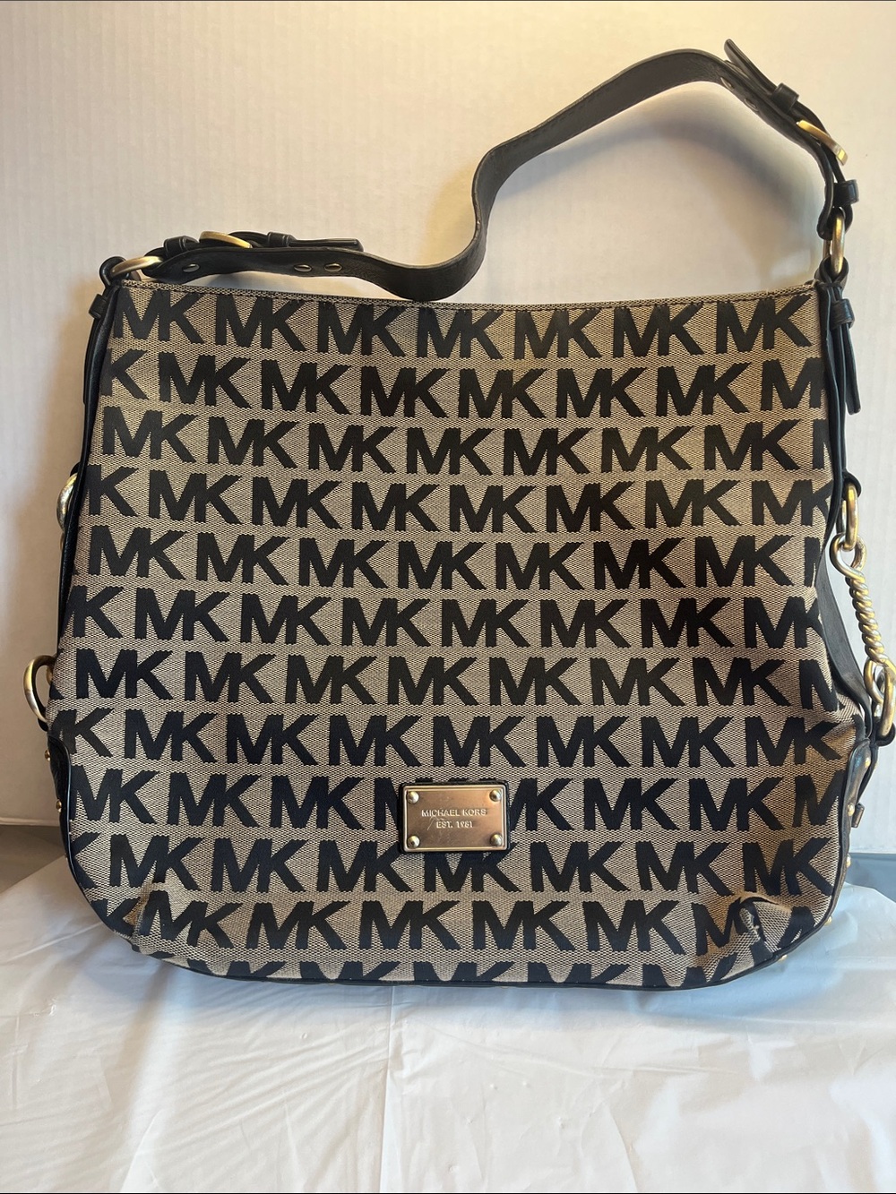 Michael Kors Big Valley Black and Tan MK Signature Shoulder Bag